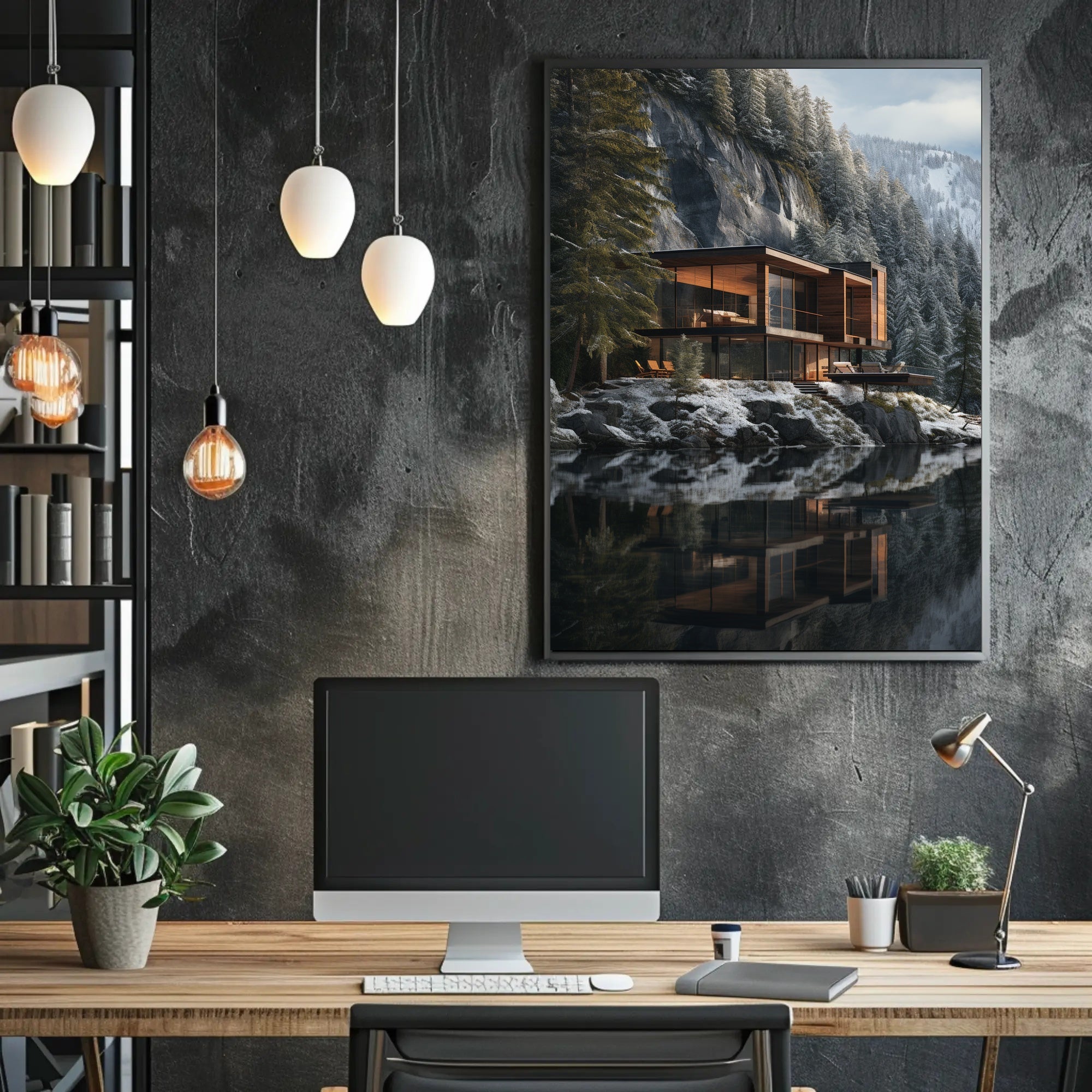 Modern Architectural House in Tranquil Winter Forest Artistic Poster