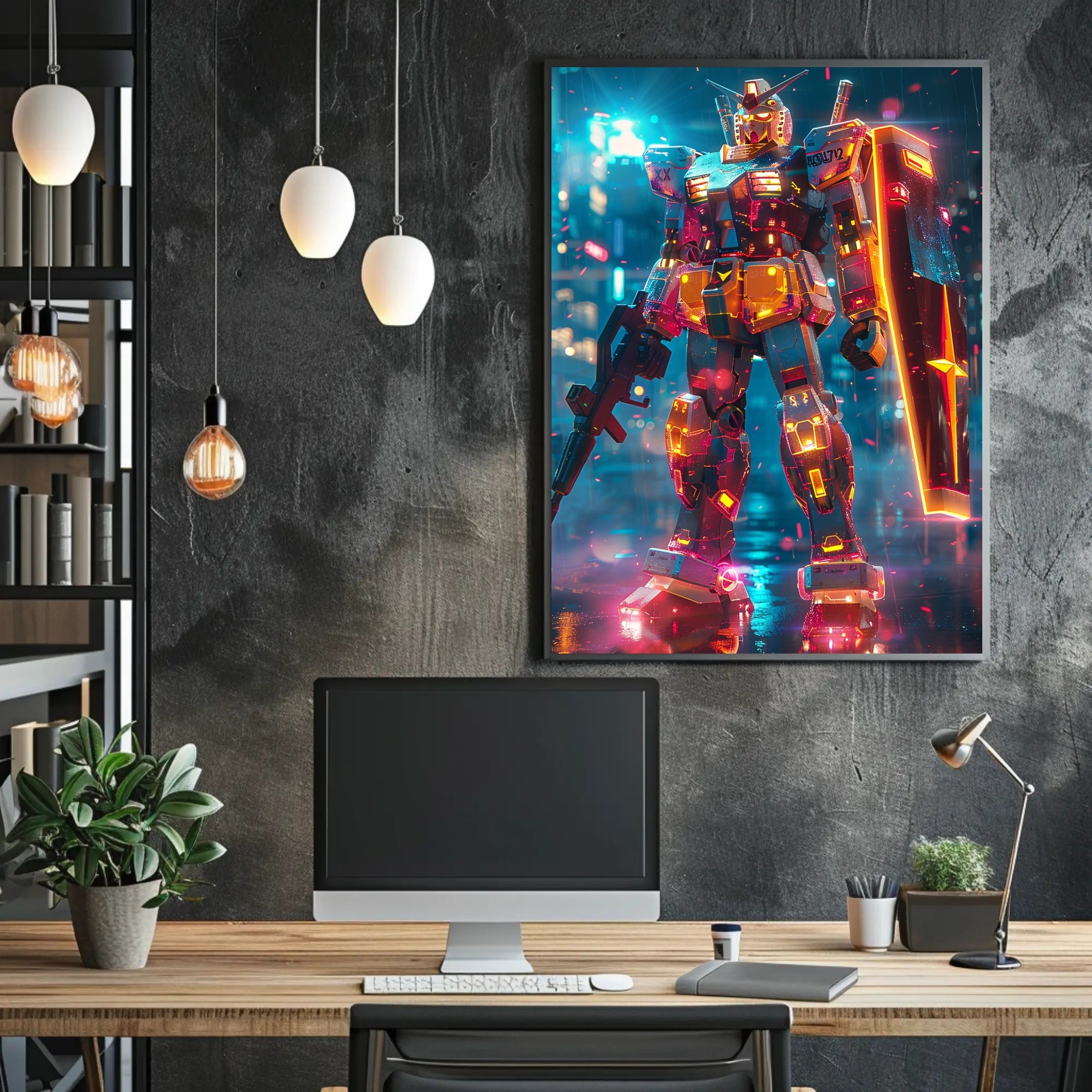 Neon Mech Warrior Art Print Poster for Home Decor PosterGoat