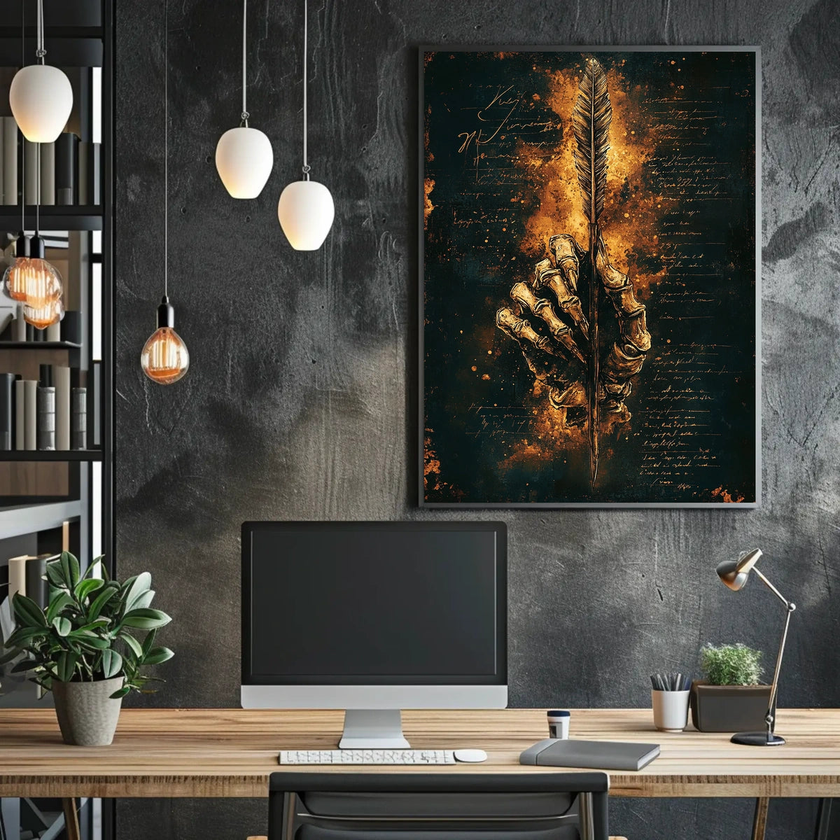 Skeleton Hand with Fiery Quill Artistic Poster