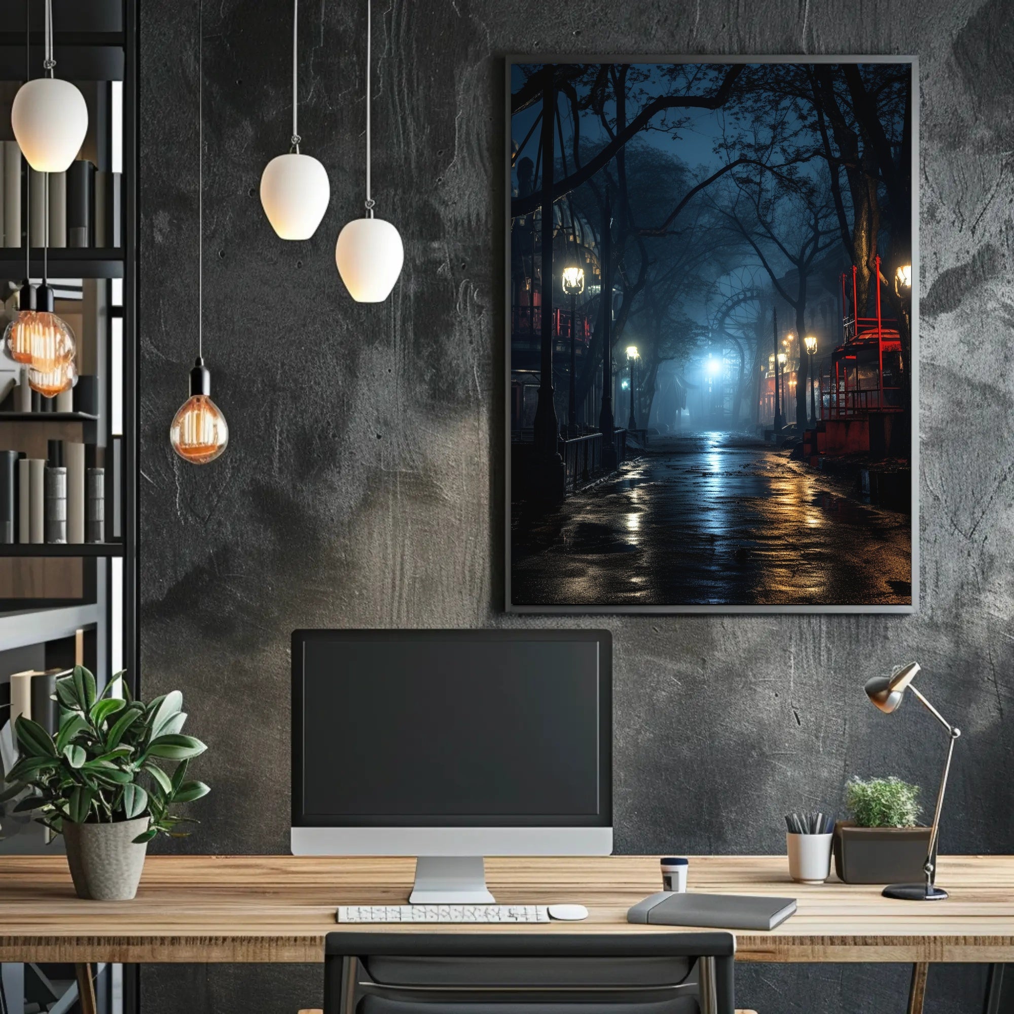 Moody Night Street Scene Art Poster