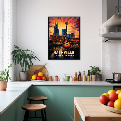 Nashville Tennessee Guitar Sunset Skyline Vintage Travel Poster