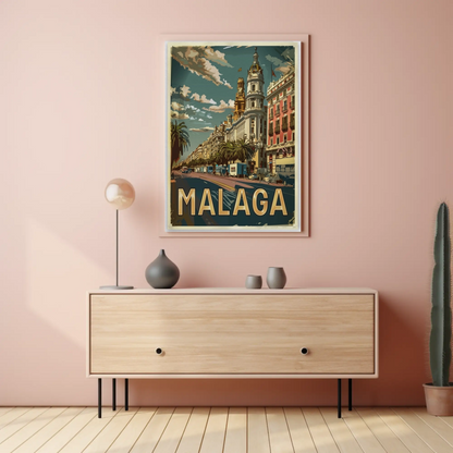 Malaga Urban Cityscape with Palm-Lined Boulevard Travel Poster