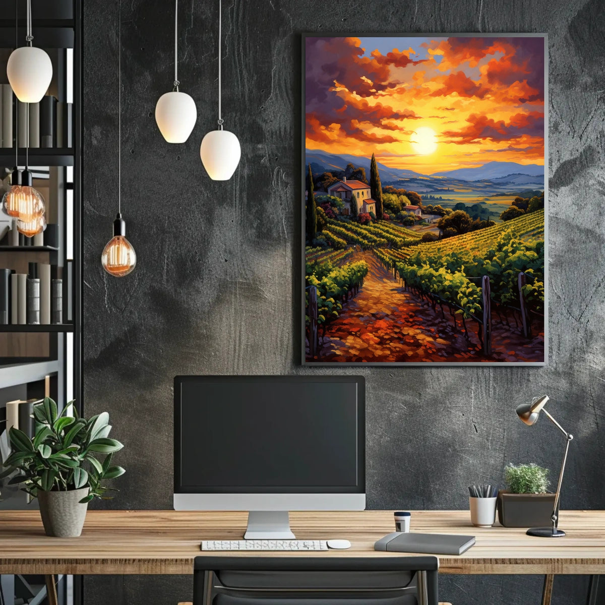 Picturesque Vineyard Landscape With Impressionistic Sunset Artistic Poster
