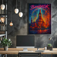 This vibrant poster art depicts an iconic temple in Bangkok, Thailand, likely the Travel Poster