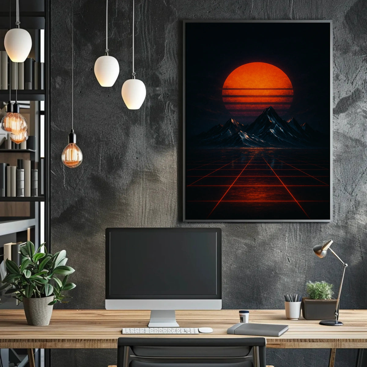 Retro-Futuristic Synthwave Landscape with Glowing Sun - Futuristic Sci-Fi Poster