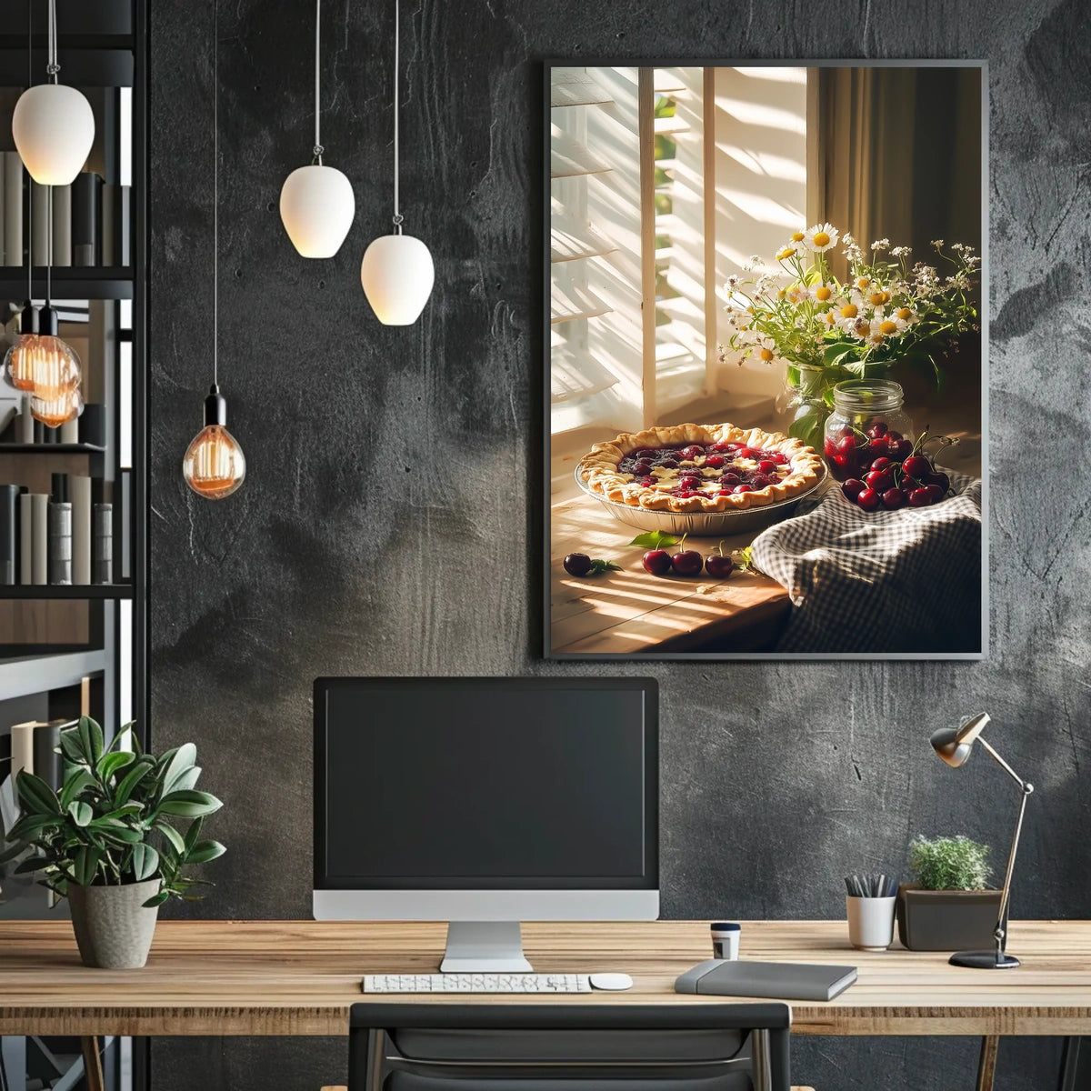 rustic kitchen counter with cherry pie Poster
