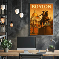 Boston's Grandeur: Equine Statue with State House Travel Poster