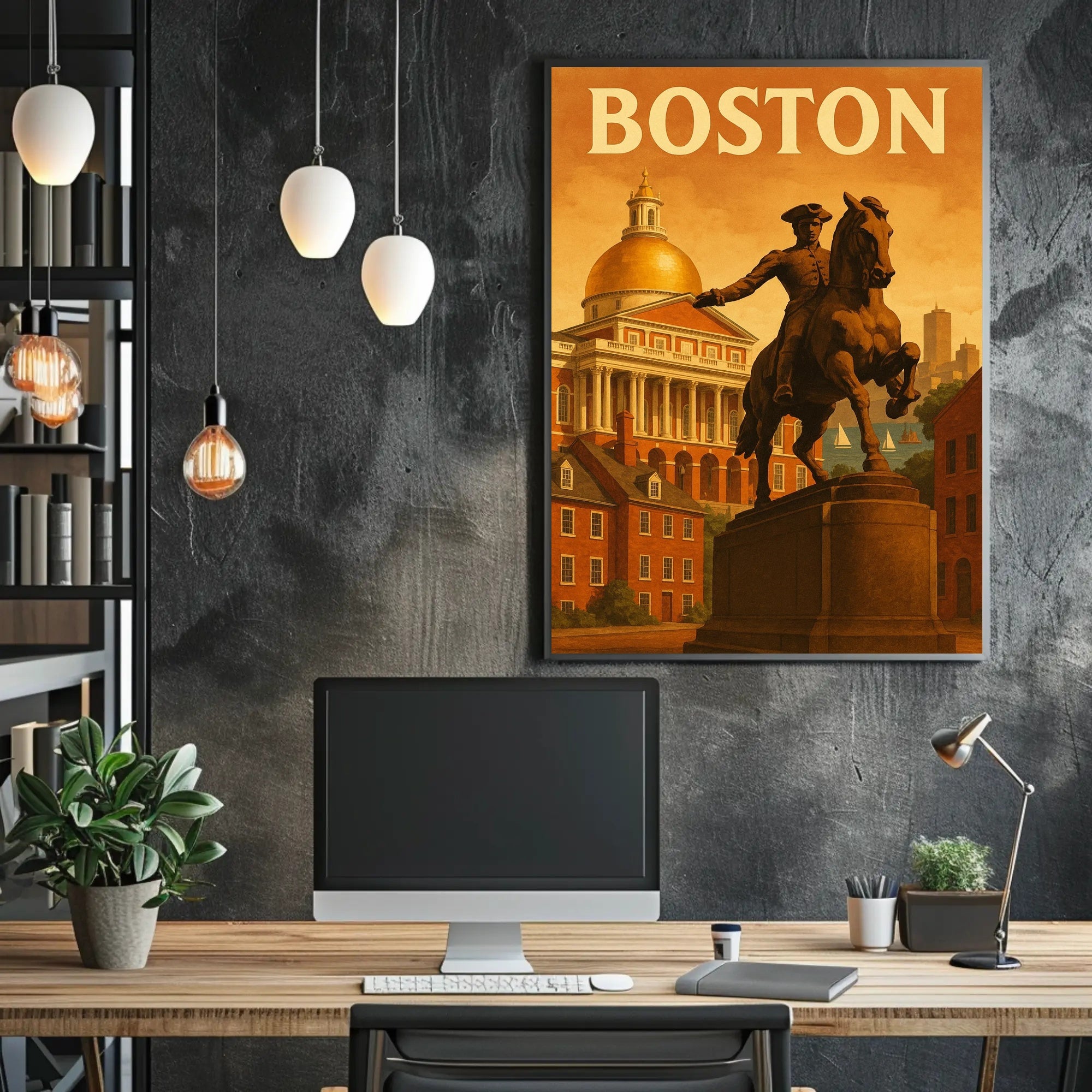 Boston's Grandeur: Equine Statue with State House Travel Poster