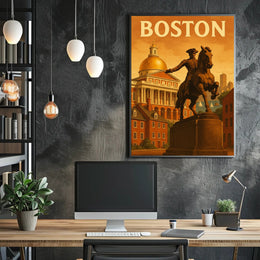 Boston's Grandeur: Equine Statue with State House Travel Poster
