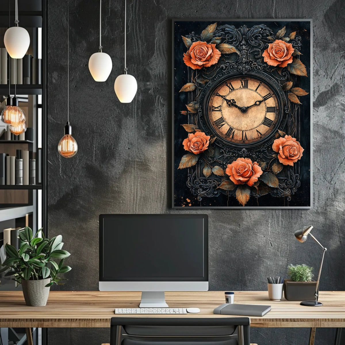 Vintage Clock with Roses Artistic Decor Poster