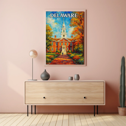 Delaware Brick Capitol Autumn Trees Travel Poster