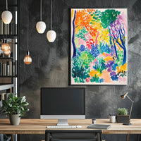 The poster depicts a vibrant and colorful landscape, likely representing a lush forest Travel Poster