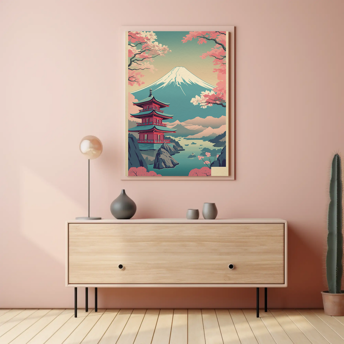 Japan Fuji Lake Pagoda Sakura Canoe Trees Travel Poster