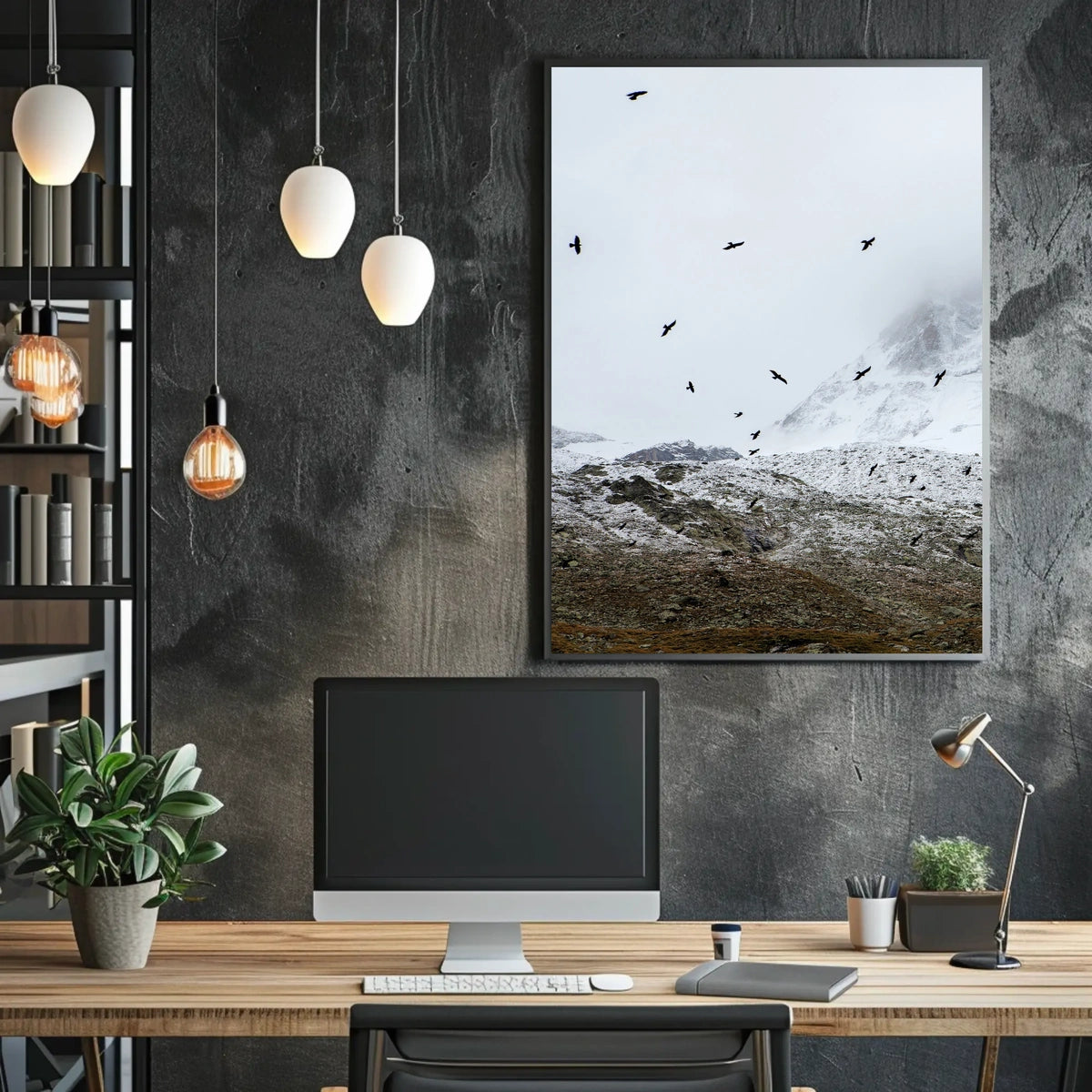 Birds In Flight Over Snowy Peaks Poster