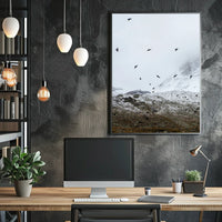 Birds In Flight Over Snowy Peaks Poster