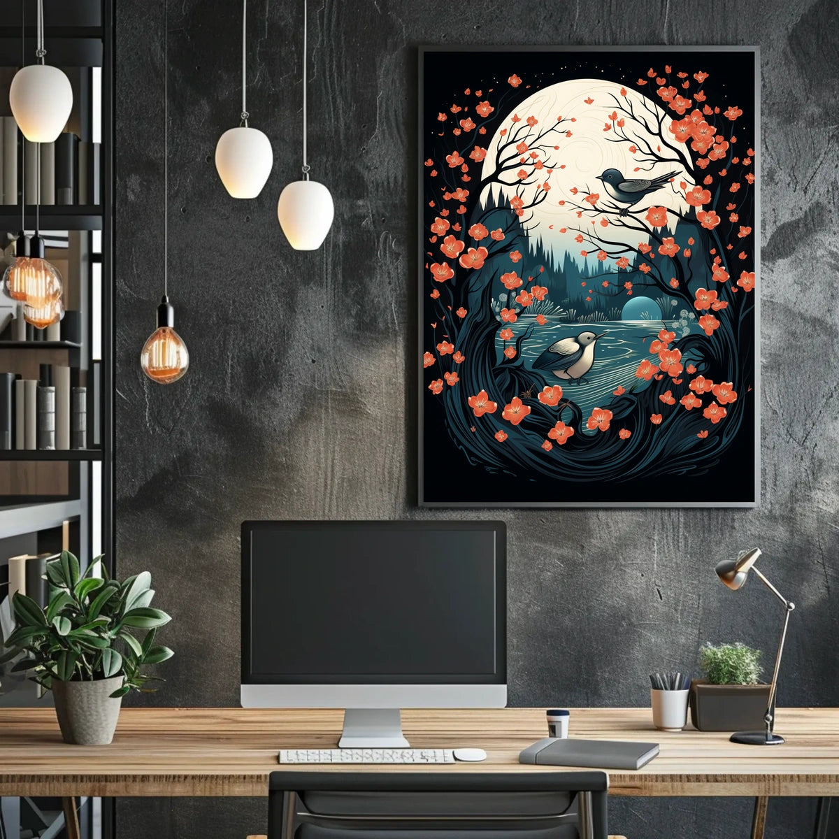 Serene Moonlit Birds Nature Art Poster