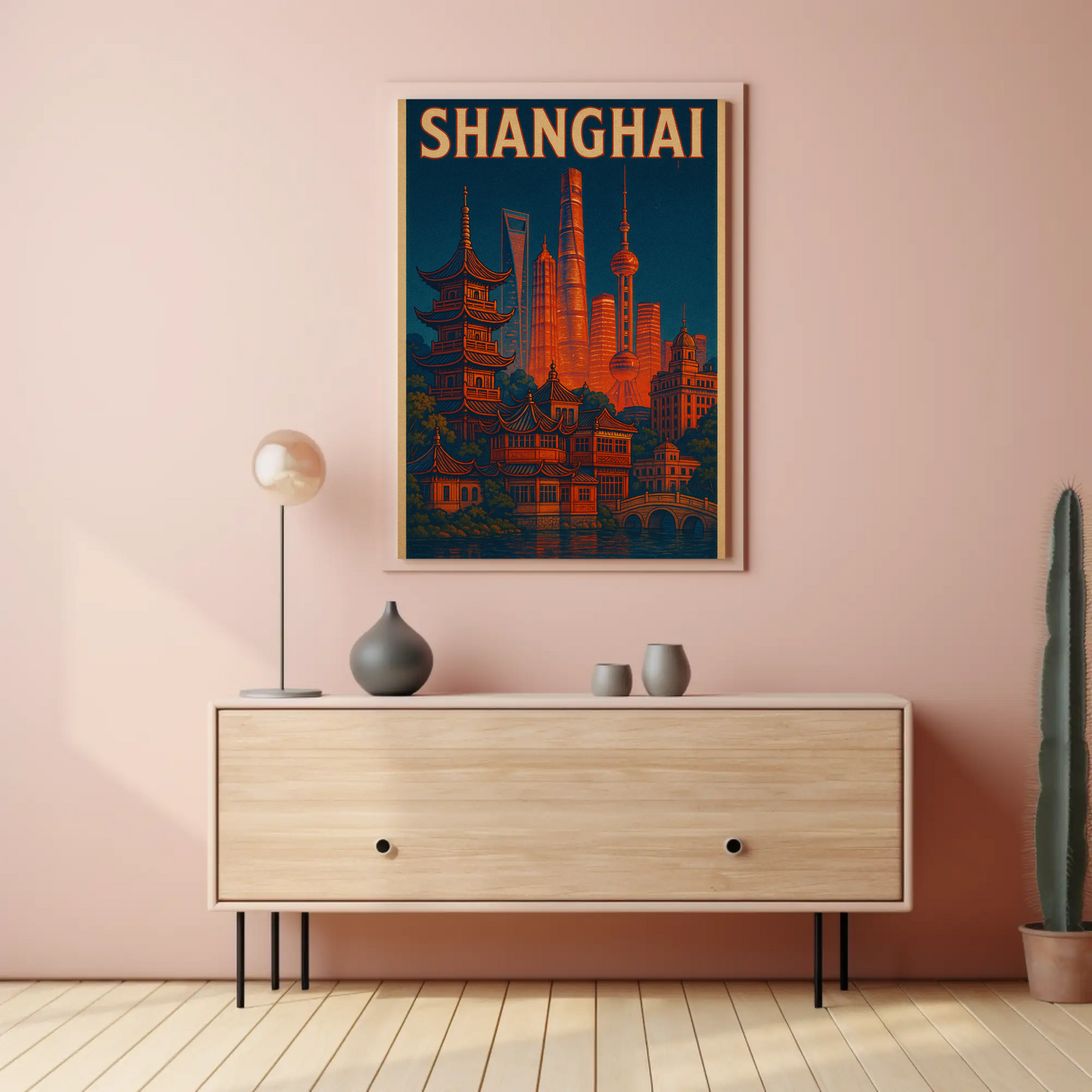 Shanghai Skyline and Pagodas Night Poster