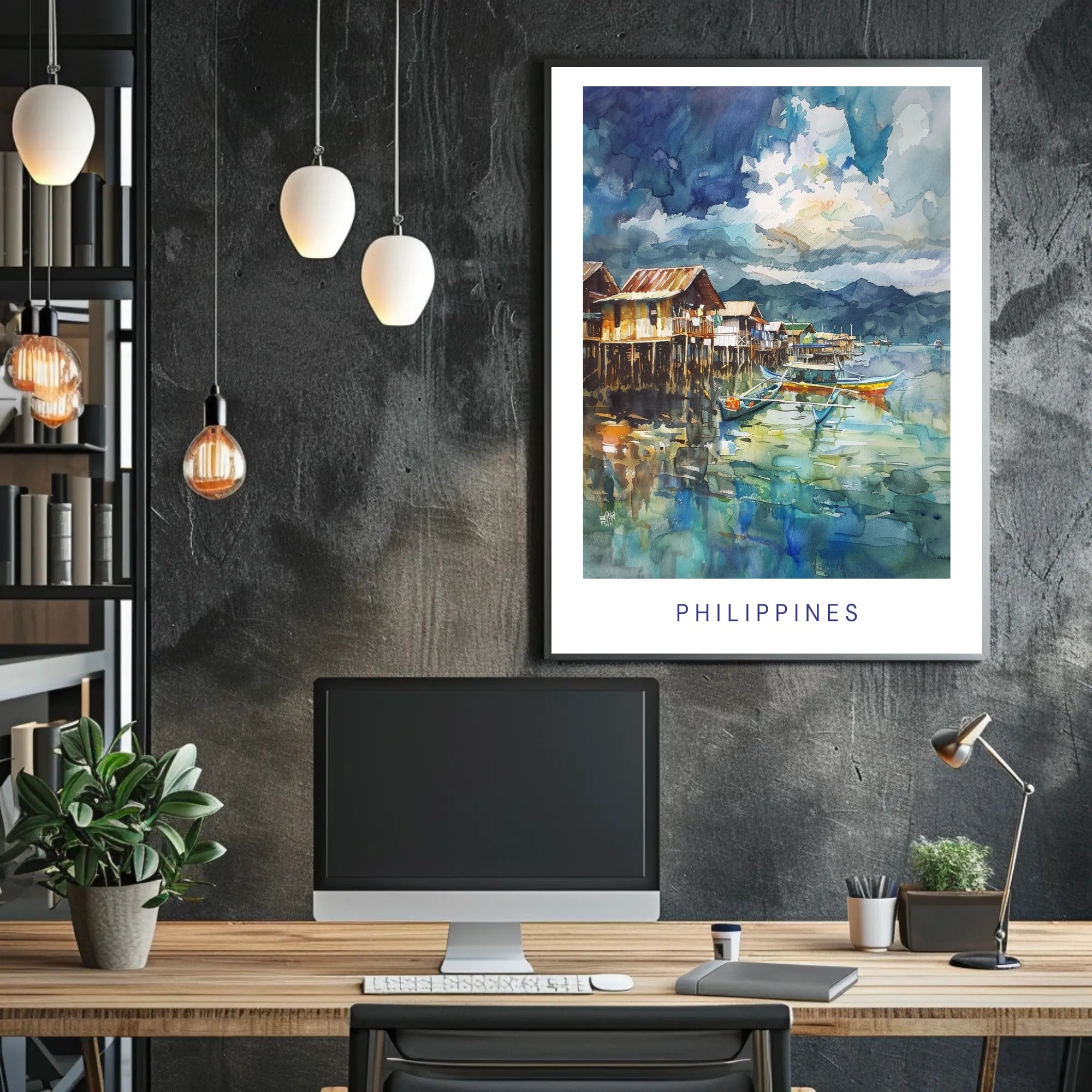 Tranquil Philippine Coastal Scene Watercolor Travel Poster PosterGoat