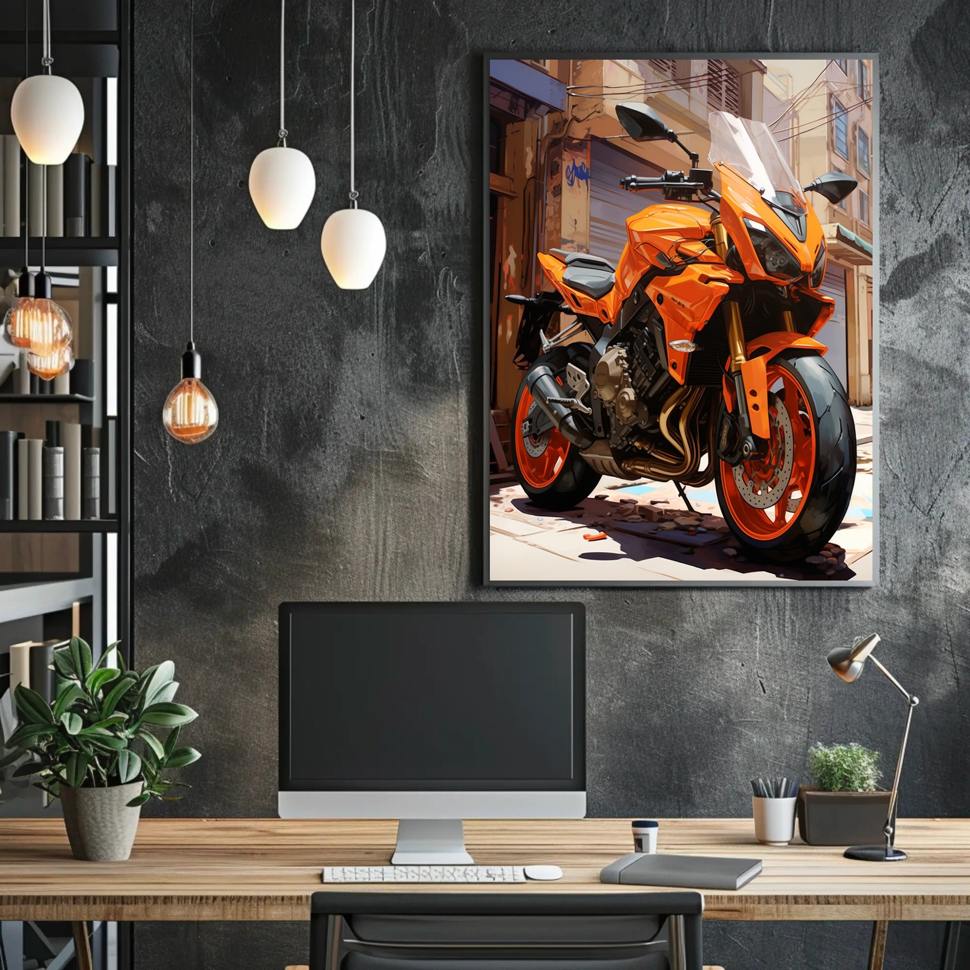 Vibrant Urban Motorcycle Poster PosterGoat