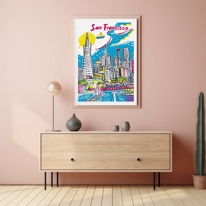 San Francisco California Colorful Skyline Waterfront Travel Poster