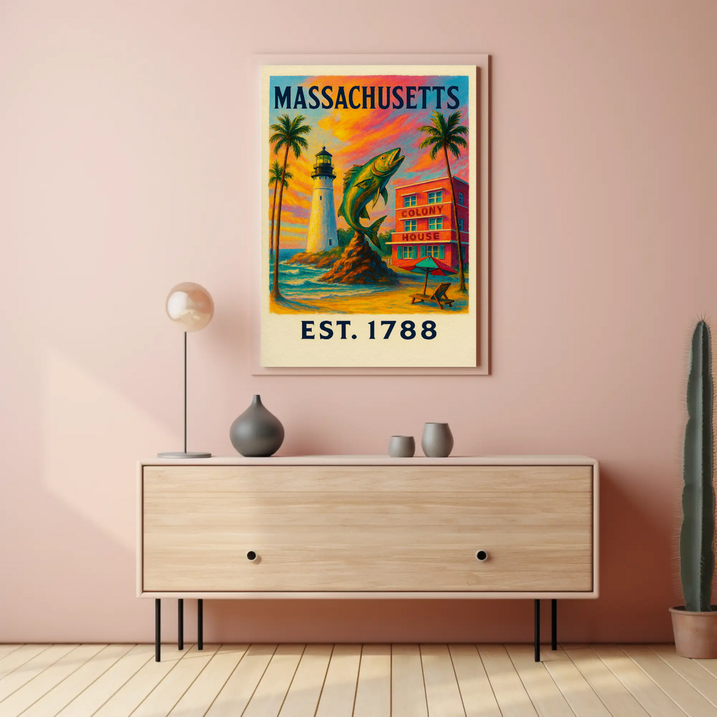 Massachusetts Lighthouse Fish Colony House Sunset Poster