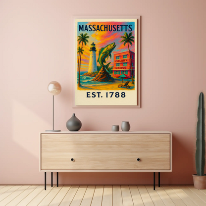 Massachusetts Lighthouse Fish Colony House Sunset Poster