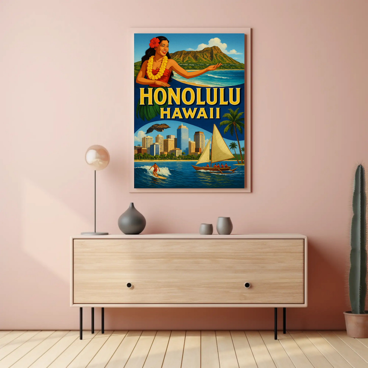 Honolulu Hawaii Surfer Skyline Hula Travel Poster