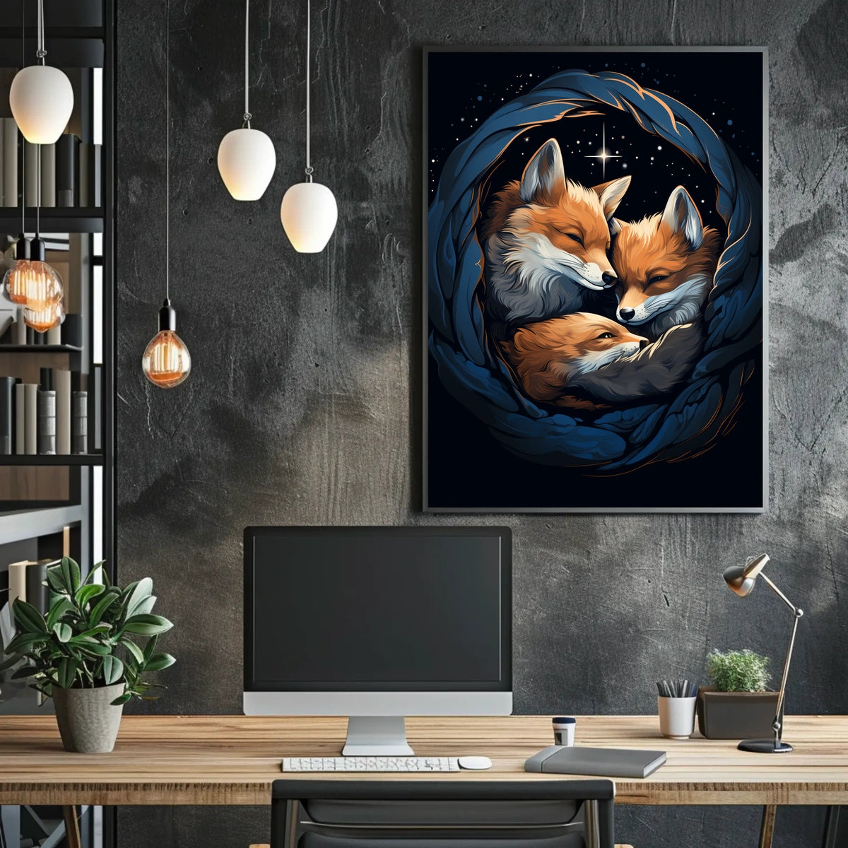 Starry Night With Foxes Poster