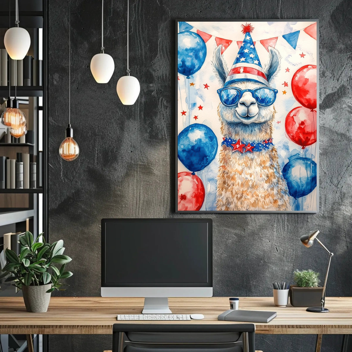 Playful watercolor of a llama wearing a stars and stripes hat and sunglasses standing in front of bunting and balloons in red white and blue Poster