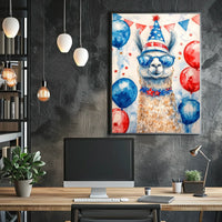 Playful watercolor of a llama wearing a stars and stripes hat and sunglasses standing in front of bunting and balloons in red white and blue Poster