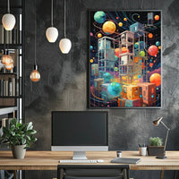 Futuristic Space Adventure Art Poster: Whimsical Sci-Fi Design