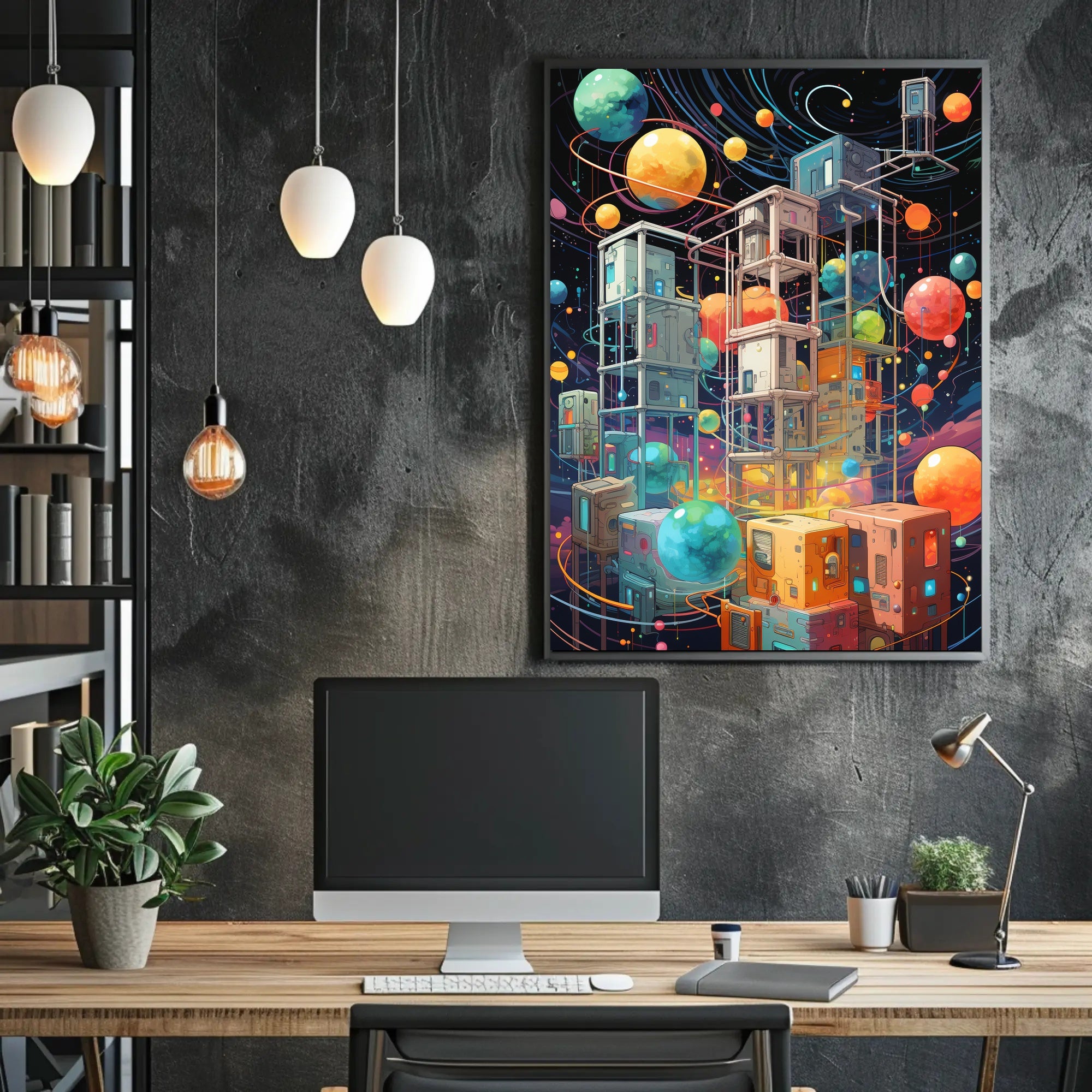 Futuristic Space Adventure Art Poster: Whimsical Sci-Fi Design