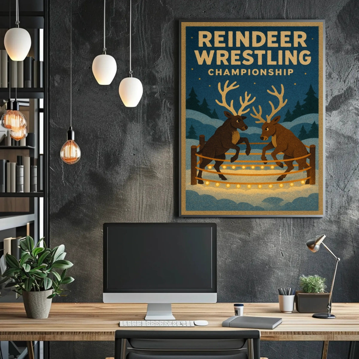 Reindeer Wrestling Championship Vintage Holiday Poster