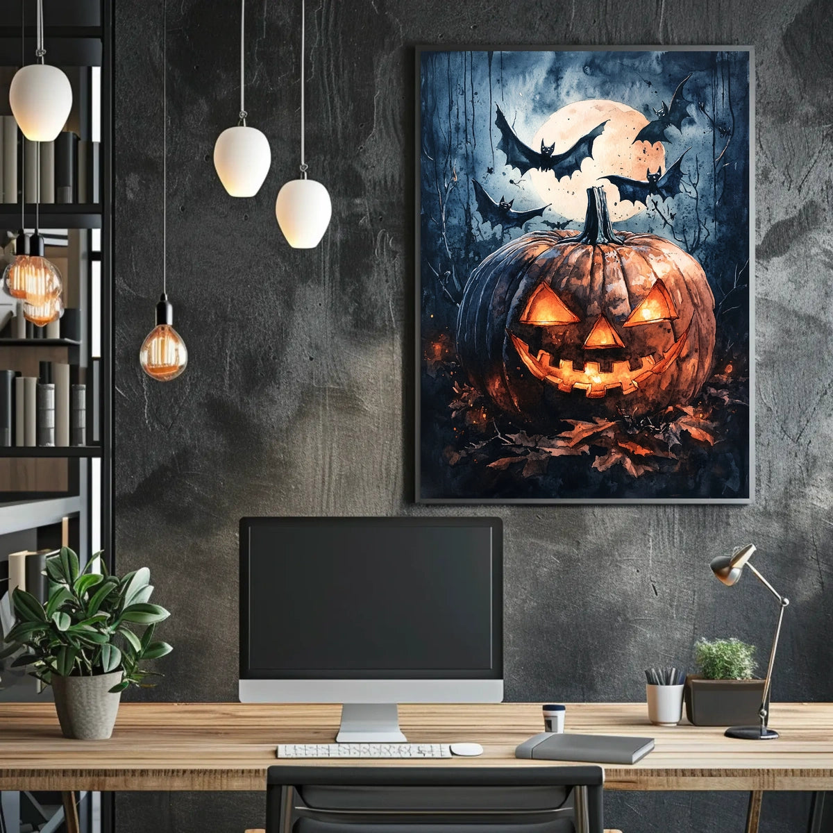 Halloween Night Jack-o'-Lantern and Bats Cultural Poster