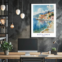 Kefalonia Coastal Serenity Watercolor Travel Poster PosterGoat