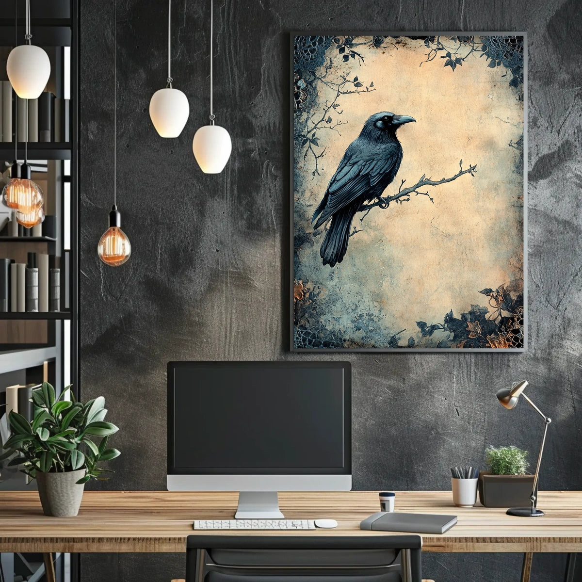 Stylized Raven on Branch Artistic Animal Poster