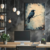 Stylized Raven on Branch Artistic Animal Poster