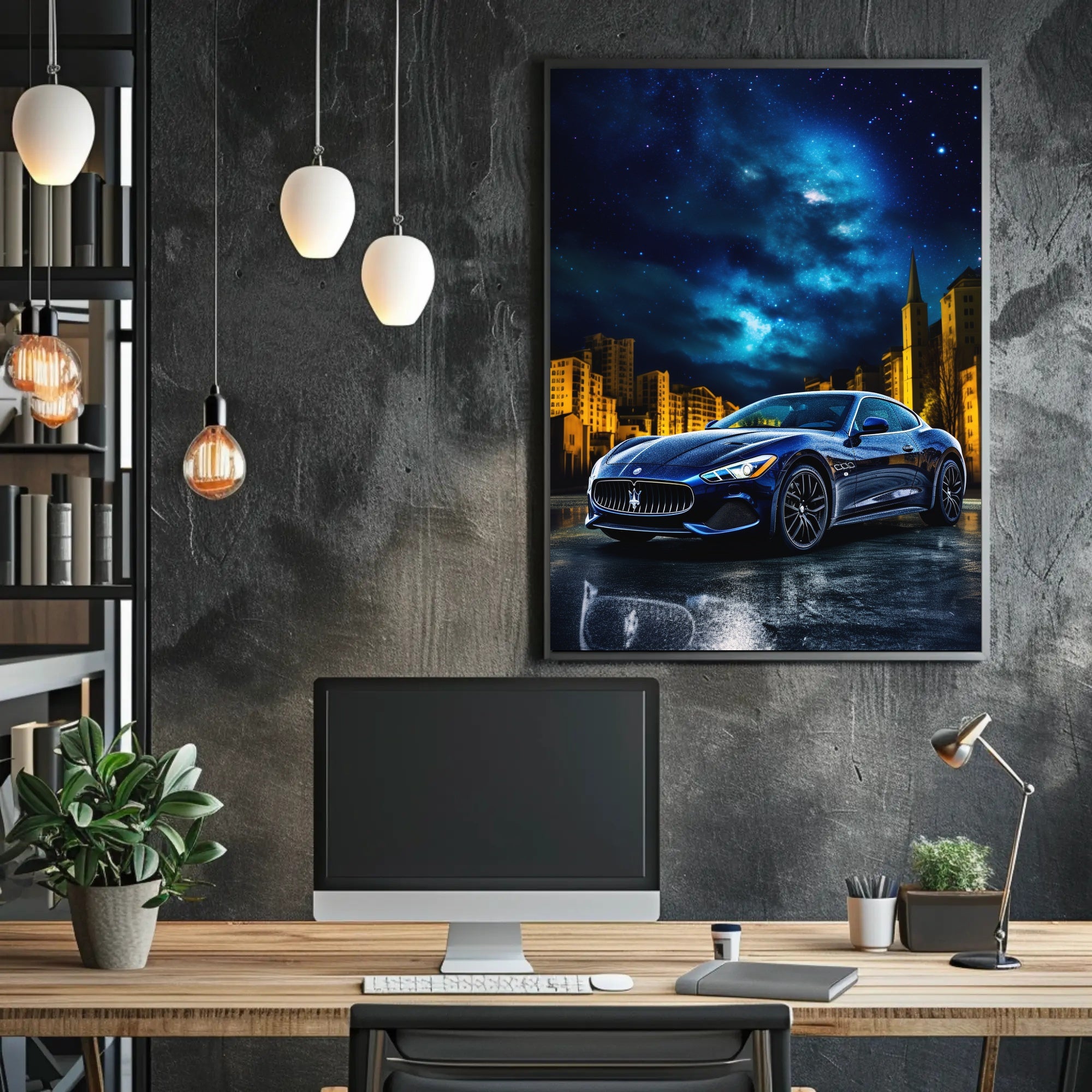 Sleek Modern Sports Car in Urban Night Futuristic Sci-Fi Poster