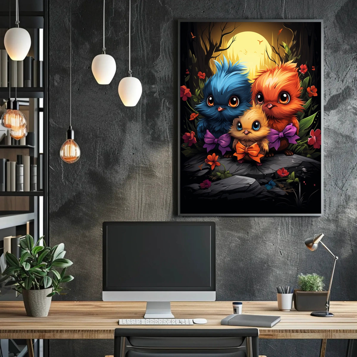 Whimsical Birds in Moonlit Forest Poster Art