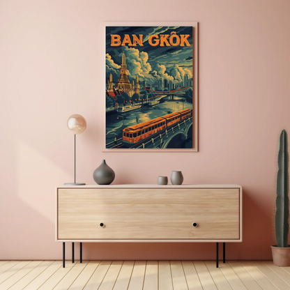 Bangkok Golden Temple River Train Skyline Scene Travel Poster