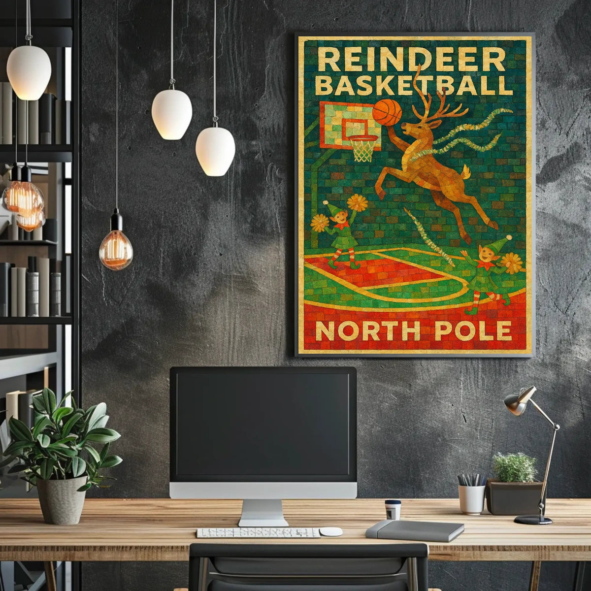 Reindeer Basketball at the North Pole Poster