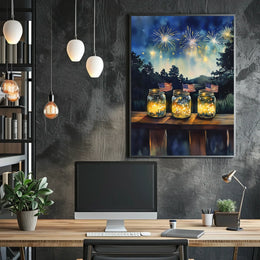 Three Mason Jars Glowing With Fireflies Rustic Poster