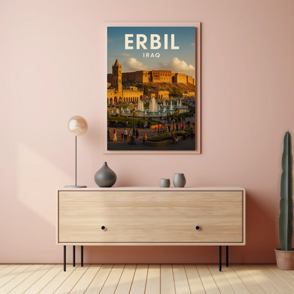 Erbil Iraq Citadel Market Fountains Travel Poster