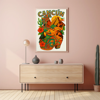 Colorful Cancun Mexico Ancient Culture Travel Poster