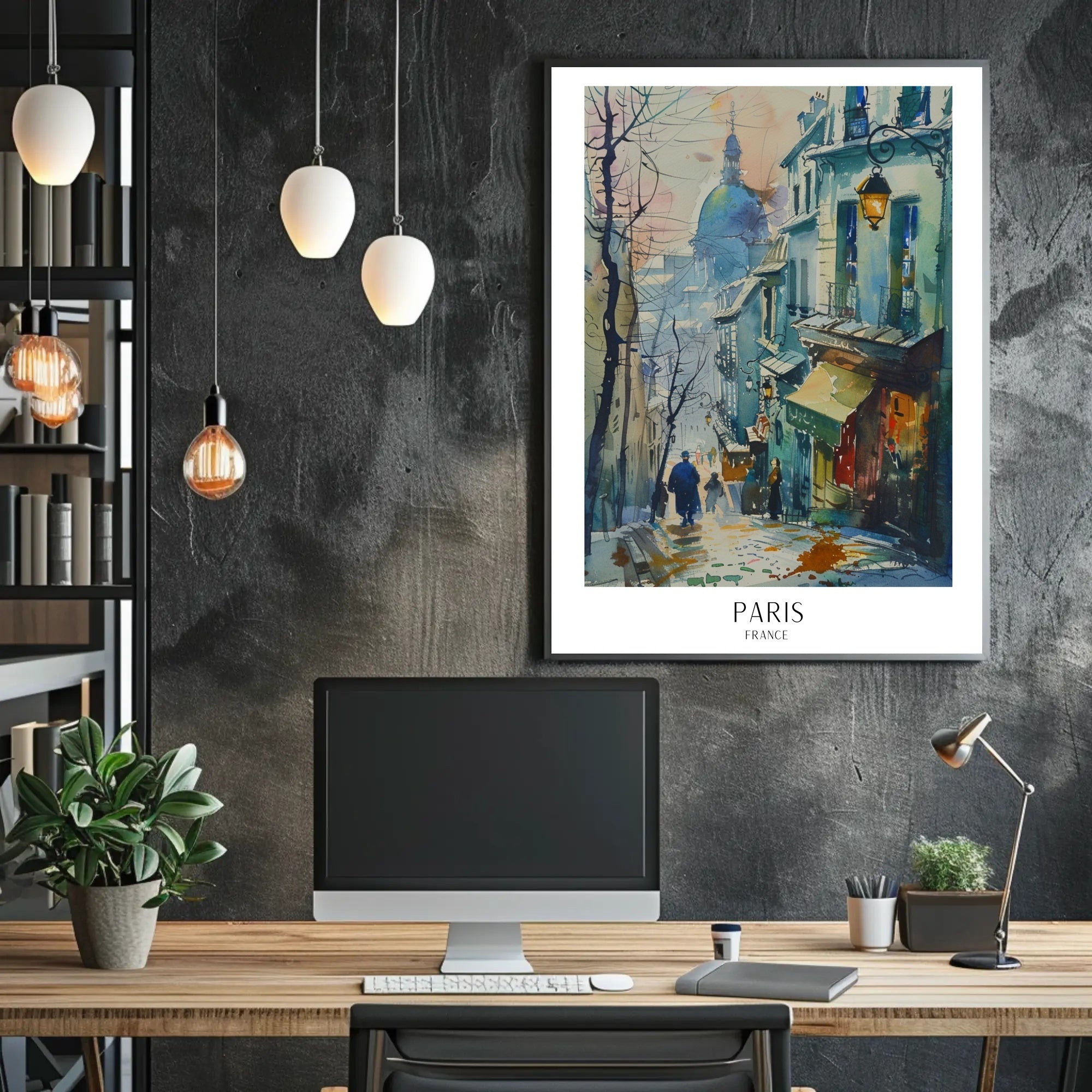 Picturesque Parisian Street Scene Watercolor Urban or Cityscape Poster PosterGoat