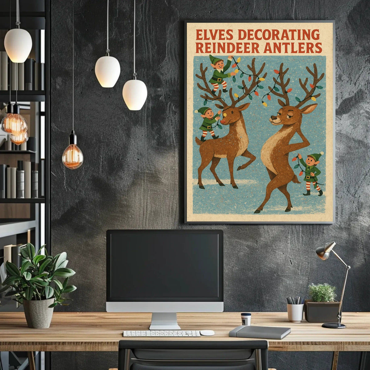 Elves Decorating Reindeer Antlers Poster