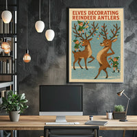 Elves Decorating Reindeer Antlers Poster