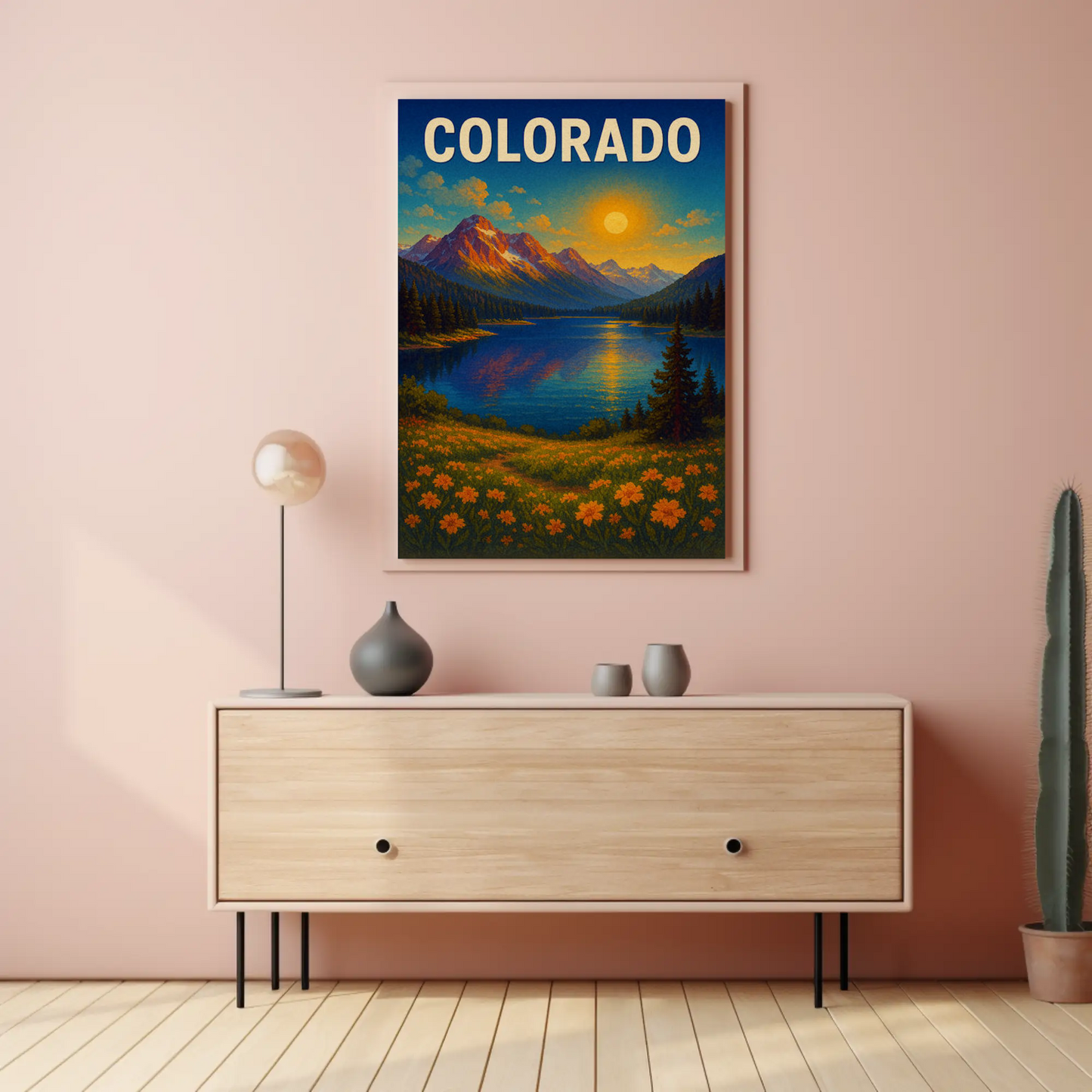 Colorado Sunset Mountain Lake Wildflower Travel Poster