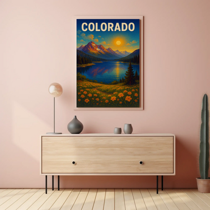Colorado Sunset Mountain Lake Wildflower Travel Poster