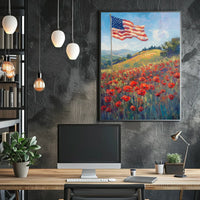 peaceful field of poppies with one large American flag Poster
